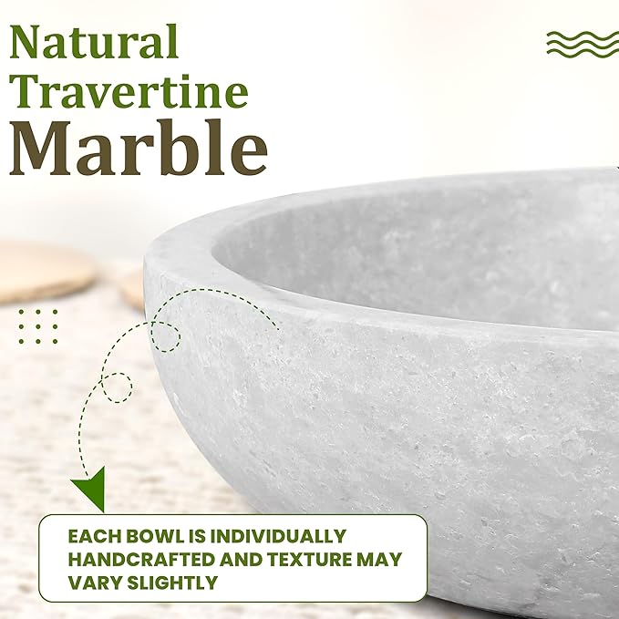 Travertine Decorative Bowl - 7.8” Diameter & 2” Height - Key Bowl for Entryway Table - Organic Modern Centerpiece - White/Gray-Ruum Studio Home