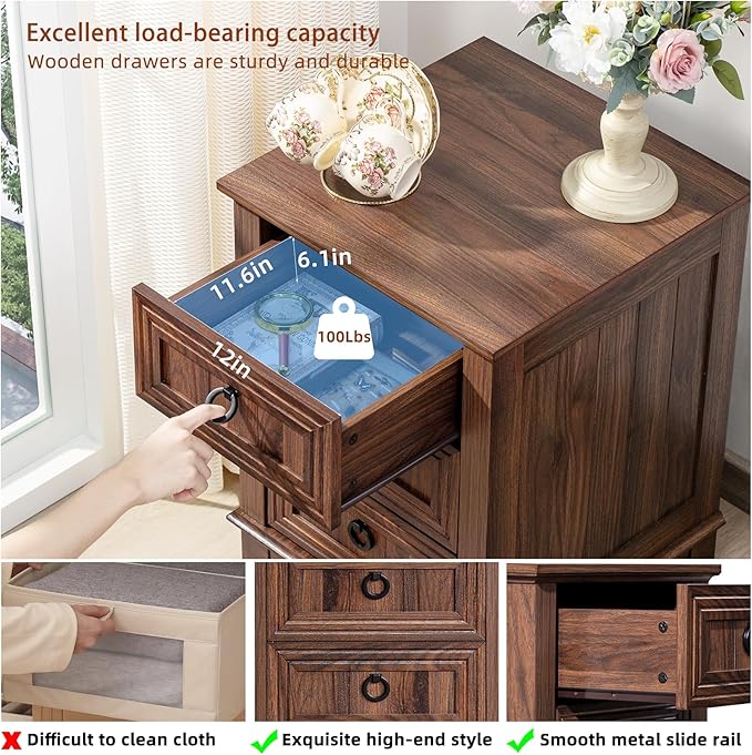Farmhouse Night Stand Set of 2, 18" End Table with 3 Drawer Metal Handle, Dresser for Bedroom, Sofa Bed Side Table Chest of Drawers,Wood Nightstand Cabinet for Organizer, Living Room-Brown-Ruum Studio Home