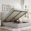 Allewie Queen Size Lift Up Storage Bed, Modern Wingback Headboard, Hydraulic Support, No Box Spring Needed, Light Beige-Ruum Studio Home