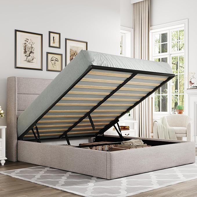 Allewie Queen Size Lift Up Storage Bed, Modern Wingback Headboard, Hydraulic Support, No Box Spring Needed, Light Beige-Ruum Studio Home