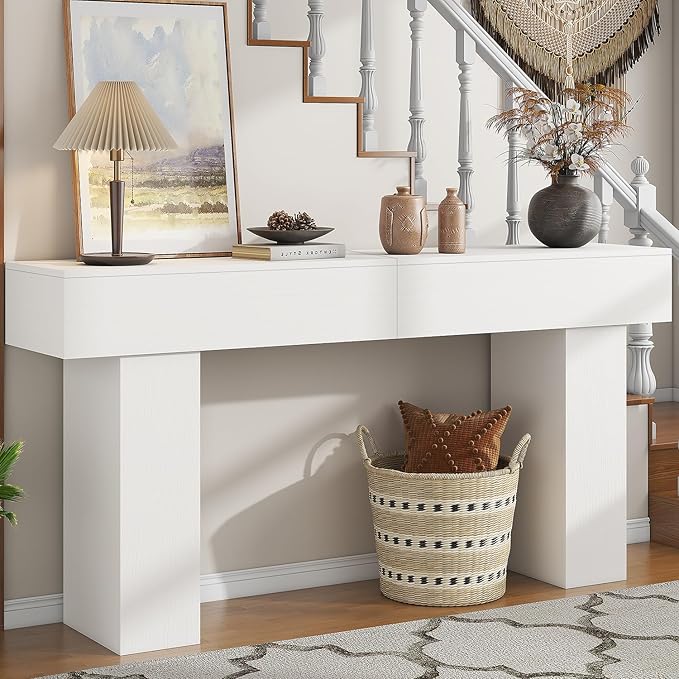 63 Inch Long Console Table for Entryway, Farmhouse Wood Rectangular Sofa Table Behind Couch Table, Narrow Entryway Table for Living Room, Entrance, Hallway, Foyer, Easy Assembly (Classic White)-Ruum Studio Home