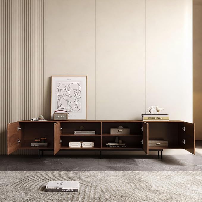 Mid Century Modern TV Stand for 80+ Inch TVs, 94.48" Walnut Console with Ample Storage – Stylish Entertainment Center for Living Room or Bedroom-Ruum Studio Home