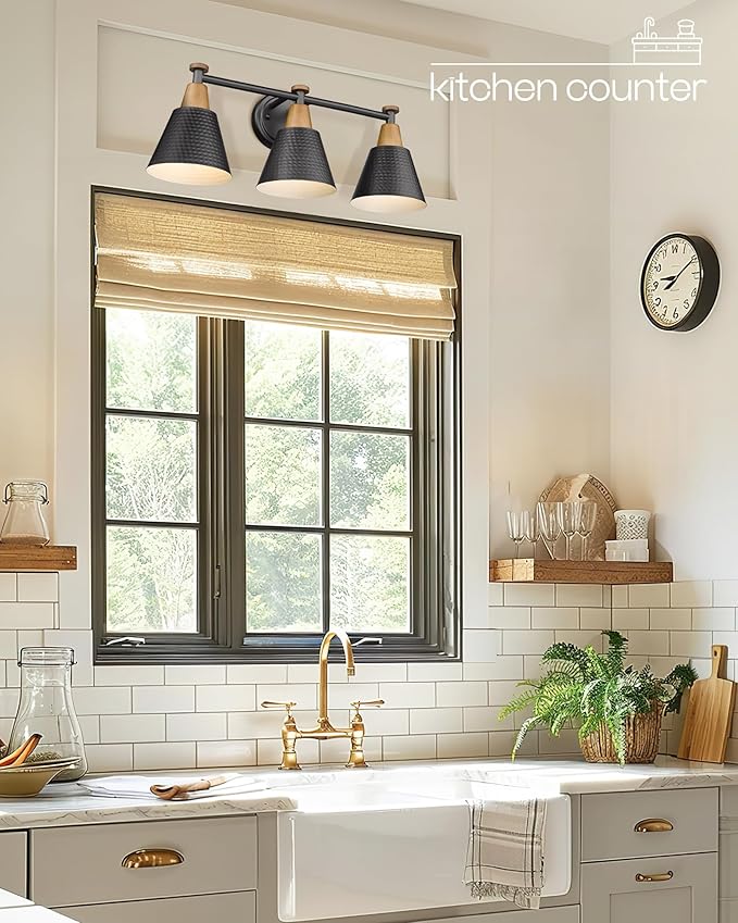 FEMILA Black Bathroom Light Fixtures, 3-Light Bathroom Vanity Lights Over Mirror with Hammered Metal Shade, Modern Wall Lamp for Kitchen Bedroom Living Room,4FG59B-3W BK-Ruum Studio Home