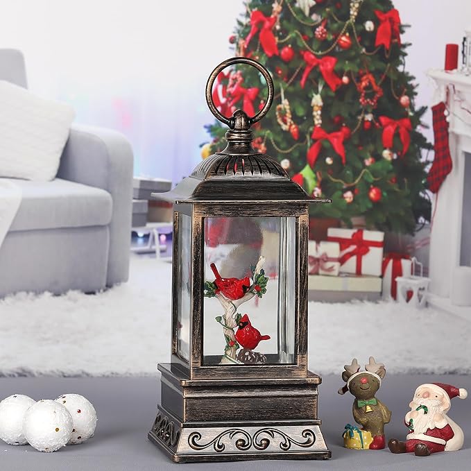 Christmas Snow Globe Cardinal Lantern, Glitter Lighted Christmas Decorations for Home with Music, Light Up Musical Snowglobe Cardinal Décor-Ruum Studio Home