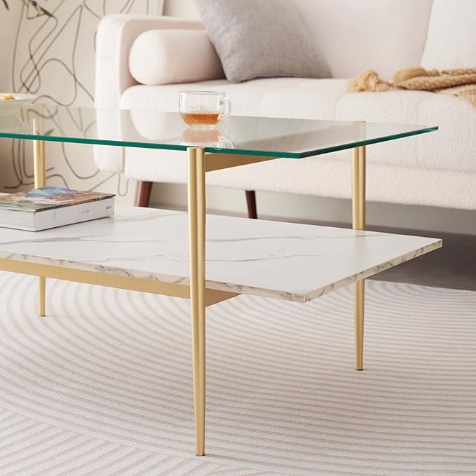 Rectangle Coffee Table for Living Room, Mid-Century Modern Design, L41 x W21 x H17, 2-Tier Structure, Clear Glass Top and White Marble Finish Wood Shelf, Conical Legs with Gold Finish-Ruum Studio Home