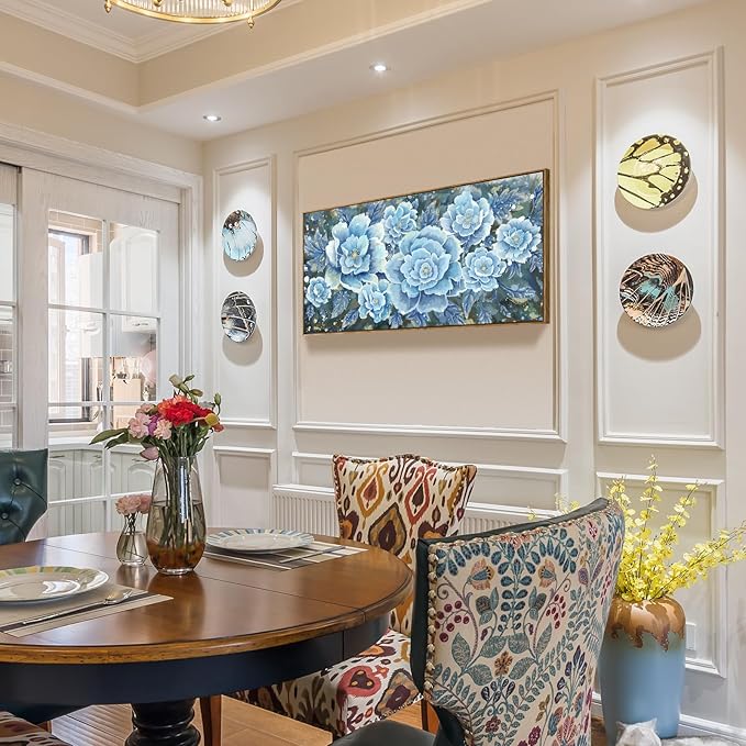 Large Blue Wall Art Decor Modern Framed Wall Picture for Living Room Bedroom Office Decor Floral Canvas Art Prints Botanical Wall Picture Abstract Peony Flower Horizontal Artwork Ready to Hang 48x24-Ruum Studio Home