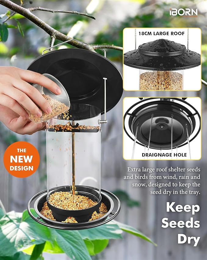 iBorn Metal Bird Feeders for Outdoors Hanging,Wild Bird Feeders for Cardinal,18cm Large Roof&Tray Black 6 Port (Seed is not Included)-Ruum Studio Home
