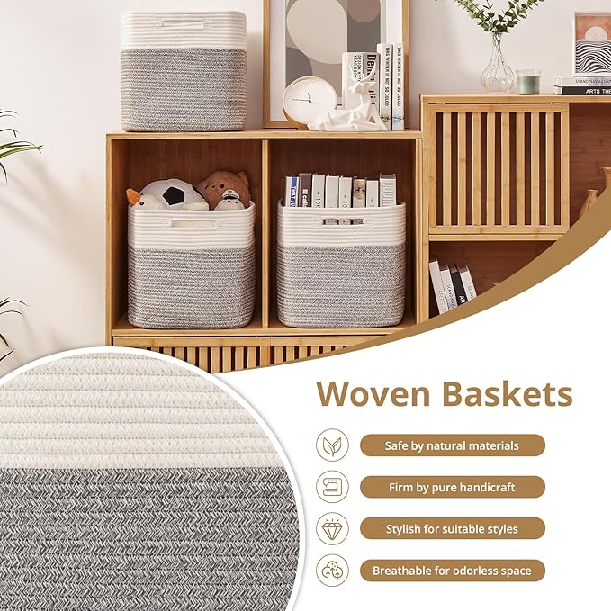 OIAHOMY 13 Kallax Inch Cube Storage Bins, 3-Pack Cotton Rope Woven Baskets for Organizing, Kallax Insert Storage Baskets for Shelves, Baby Nursery, Closet Organizer, 15*13*12.6IN, Grey & White-Ruum Studio Home
