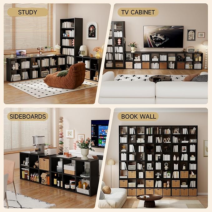 6 Cube Storage Organizer, Black Bookshelf with Storage, 2 Tier Storage Cubes, Freestanding Storage Organizer with Shelves for Living Room, Study-Ruum Studio Home
