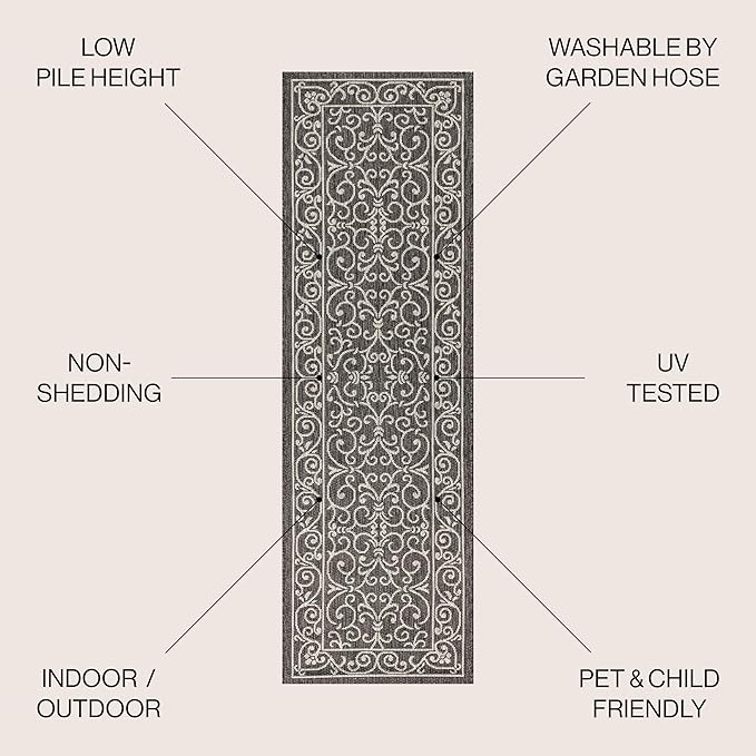 JONATHAN Y Vintage Filigree Indoor Outdoor Runner Rug 2X10 Black/Gray, Charleston Textured Weave for Backyard, Patio, Porch, Easy-Cleaning, High Traffic, Pet-Friendly, Non-Shedding (SMB106G-210)-Ruum Studio Home