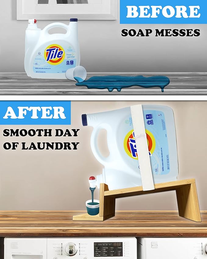 TidyFriend Laundry Detergent Dispenser with Tray & Strap, Laundry Soap Dispenser with Non-Slip Rubber Feet for Washing Room Organization, Easy Pour (Wood)-Ruum Studio Home