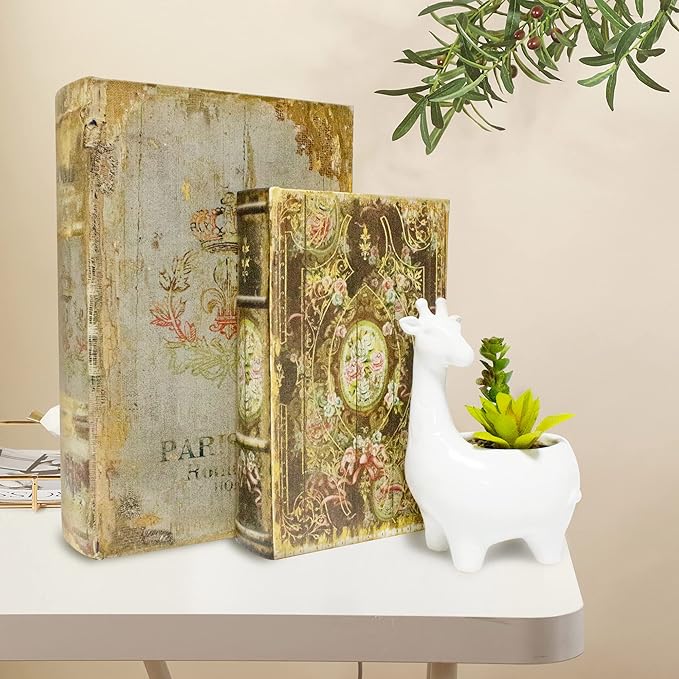 Decorative Book Box Set of 2, Trinket Keepsake Storage Boxes Shaped Storage Box Vintage Style Decorative Book Boxes Antique Books for Decoration Medal Pattern-Ruum Studio Home