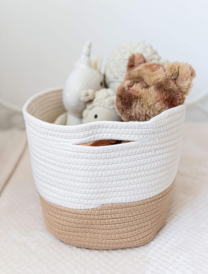 OrganiHaus Set of 3 Woven Storage Baskets for Organizing, Cotton Rope Organizer Bins for Shelves, Closet & Nursery, Dog Toy Basket, Decorative Bins for Toys, Towels & Books - 15x10x9, Honey/Off-White-Ruum Studio Home