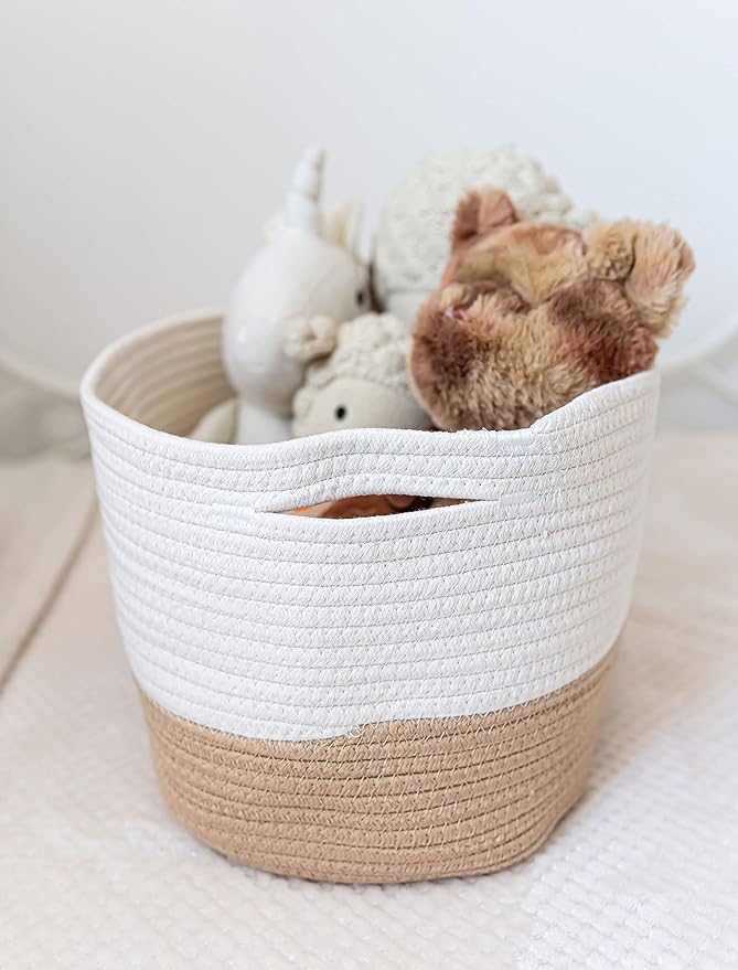 OrganiHaus Woven Storage Baskets for Organizing, Cotton Rope Organizer Bins for Shelves, Closet & Nursery, Dog Toy Basket, Decorative Bins for Toys, Towels & Books - 15x10x9, Honey/Off-White-Ruum Studio Home