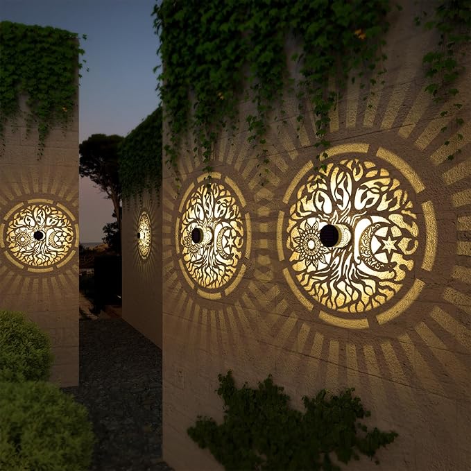 2 Pack Solar Fence Lights Metal Solar Powered Outdoor Wall Deck Step Lights Tree Theme Waterproof Fence Light for Garden Post Patio Backyard Yard Decor (Tree, 2 Pack)-Ruum Studio Home