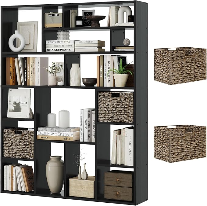 71” Tall Open Black Bookcase with Baskets, Free-Standing 6-Tier Wooden Display Storage Bookshelves with 16 Irregular Cubes for Living Room, Home Decor-Ruum Studio Home