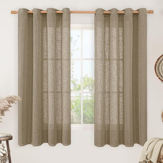 LAMIT Linen Curtains 63 Inch Length 2 Panels for Bedroom, Semi Sheer Drapes Light Filtering Neutral Window Treatments with Bronze Grommet for Living Room Rustic Country Decor, Taupe, 52 X 63 Inch-Ruum Studio Home
