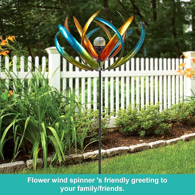 Large Solar Wind Spinners for Yard and Garden-82.6 Inch 360° Metal Wind Sculptures Outdoor Clearance Kinetic Windmills with Multi Color Led Glass Ball-Ruum Studio Home
