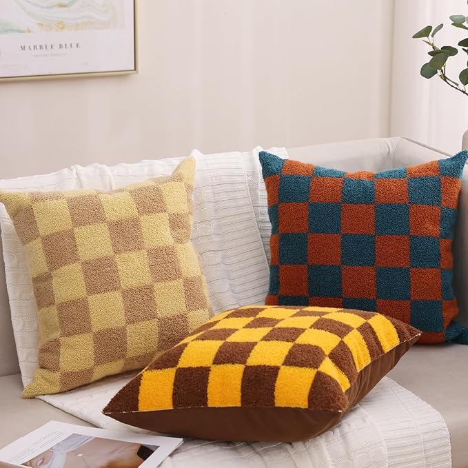 Alysheer Checkered Embroidered Decorative Throw Pillow Covers 18"x 18" Set of 2, Farmhouse Maillard Orange Brown Plaid Tufted Patterned Cotton Canvas Cushion Case for Sofa Couch Bed Living Room-Ruum Studio Home