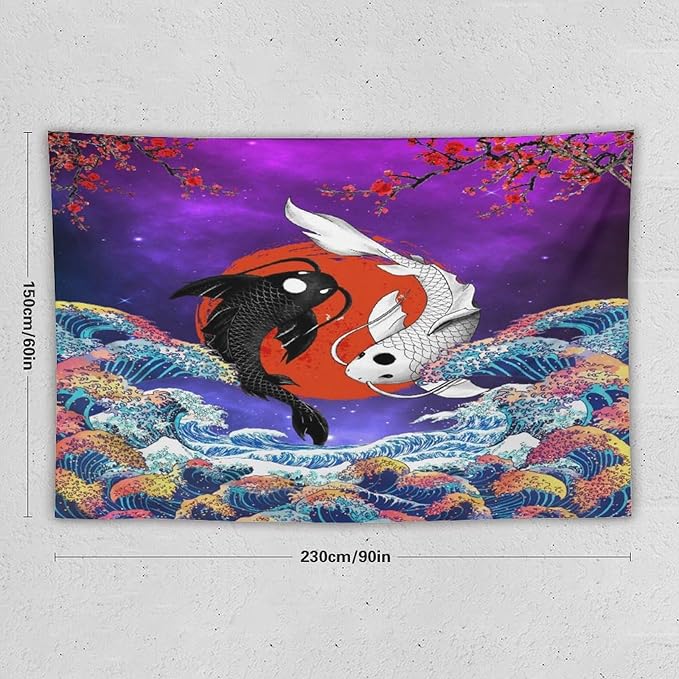 Houselerax Japanese Koi Fish Tapestry, Yin Yang Big Wave Cherry Blossom Tapestries Wall Hanging for Bedroom Living Room Office Decor 90"x60"-Ruum Studio Home