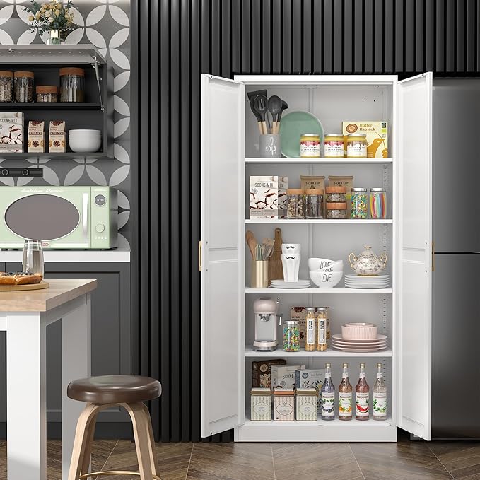 Kitchen Pantry Cabinet,71”White Metal Pantry Storage Cabinet with Doors and 4 Adjustable Shelves,Kitchen Cabinet with 2 Gold Handles,Tall Cabinet for Livingroom,Pantry, Bathroom,Kitchen-Ruum Studio Home