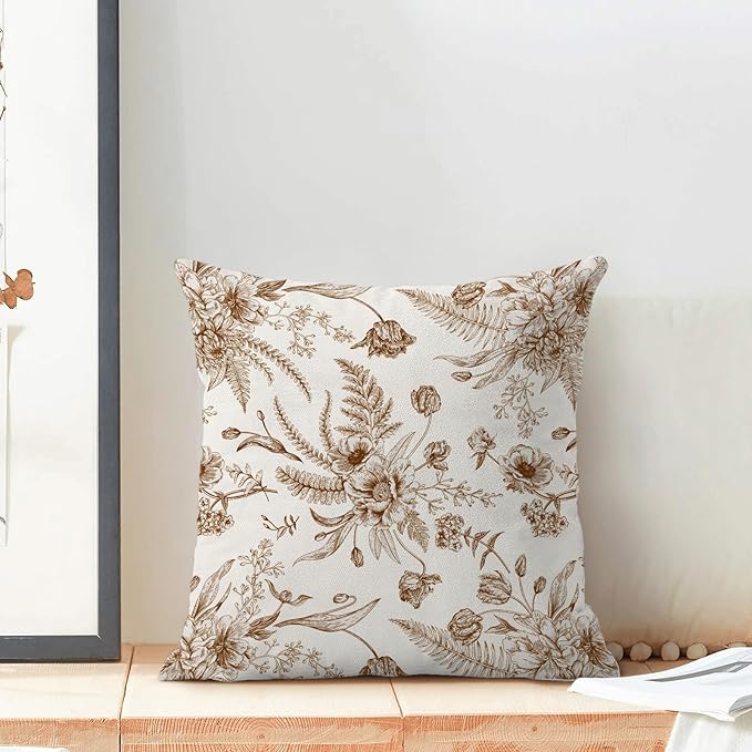 CXMEIFLY Spring Floral Leaves Pillow Covers 20 x 20 Inch Set of 2 for Chinoiserie Flowers Decor Throw Pillows Brown and White Seasonal Plant Outdoor Decorative Cushion Cases for Couch Bed Decorations-Ruum Studio Home