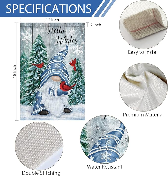 Hello Winter Gnome Garden Flag 12x18 Double Sided Burlap Cardinals Snowflakes Snow Yard Flags for Christmas Seasonal Outside Outdoor House Decoration (ONLY FLAG)-Ruum Studio Home