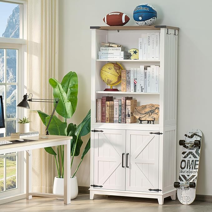 5 Tier Bookshelf 70in Tall Bookcase with Barn Doors and Storage Cabinet, White Farmhouse Book Shelf with Adjustable Shelves, Wood Freestanding Display Bookshelves for Bedroom, Kitchen (2PCS)-Ruum Studio Home