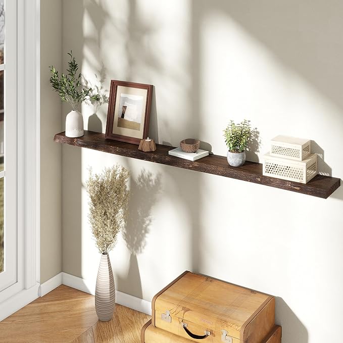 72" Floating Shelves, Live Edge Elm Wood Floating Shelf for Wall, Wall-Mounted Display Shelves with Invisible Heavy-Duty Bracket, Long Floating Shelf for Bathroom, Kitchen, Living Room, Walnut Color-Ruum Studio Home