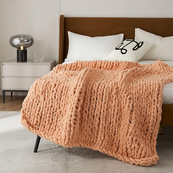 WESHIONGOO Chunky Knit Blanket Throw Knitted Throw Blankets for Couch Bed Fluffy Soft Blanket with Jumbo Chenille Yarn Thick 100% Handmade(Peach Fuzz, 50"×60")-Ruum Studio Home