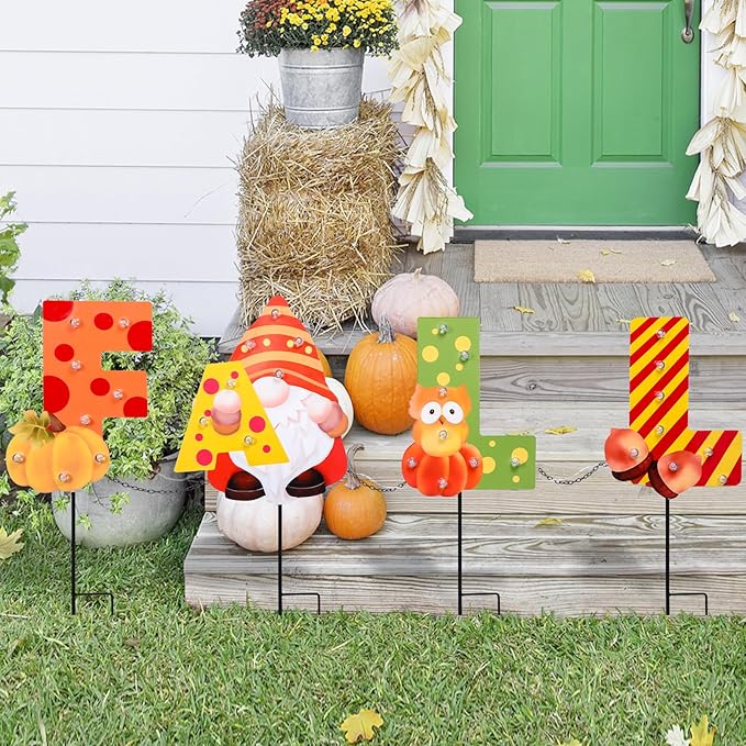 WONDER GARDEN Fall Yard Stakes Yard Signs, 4 Pack Metal Thanksgiving Lighted Garden Stakes, Gnome Sign with LED Lights for Harvest,Outdoor, Lawn,Farmhouse Decorations-Ruum Studio Home