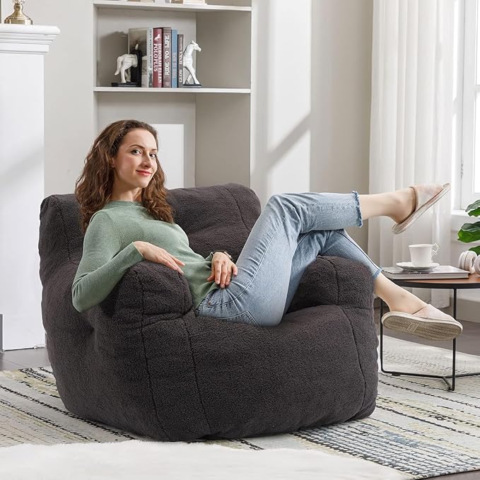 Recaceik Bean Bag Chairs, Tufted Soft Stuffed Bean Bag Chair with Filler, Fluffy Lazy Sofa, Imperial Lounger Giant Bean Bag Chair for Bedroom, Living Room, Dark Black-Ruum Studio Home