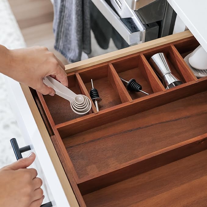 Adjustable Kitchen Drawer Organizer for Utensils and Junk, Food-Safe Contract Grade with 100% Sustainable Wood, Non-Slip, Expandable from 10.5 to 18.5 Inches Wide - Natural Acacia-Ruum Studio Home