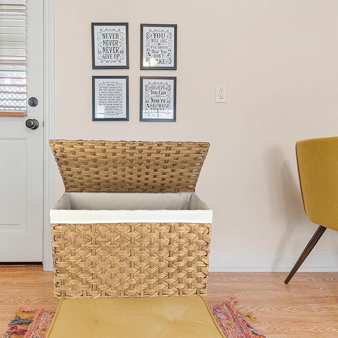 Wicker Storage Basket with Lid, 42.3 Gallon (160L) Large Blanket Basket with Lid, Woven Storage Bin with Handles, Removable Liner, Metal Frame, Foldable, for Bedroom, Laundry Room, Natural-Ruum Studio Home