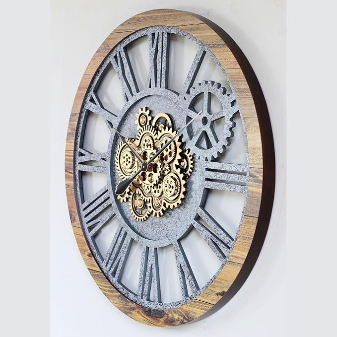 The Gears Clock 36'' Inch Real Moving Gear Wall Clock Vintage Industrial Oversized Rustic Farmhouse (Wood and Stone)-Ruum Studio Home
