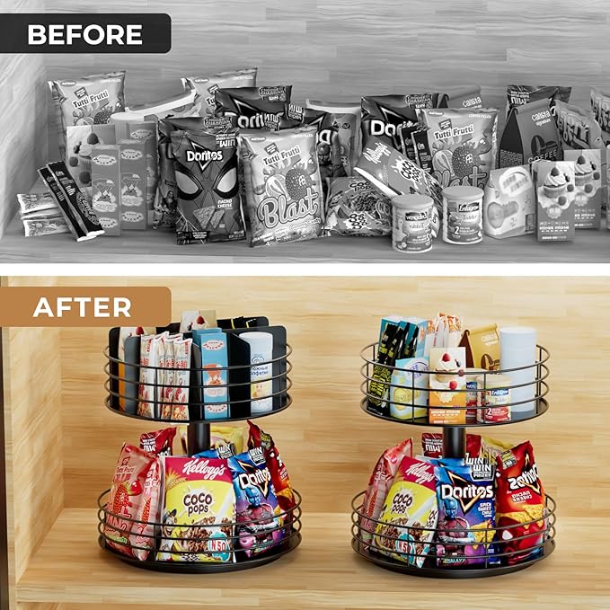 Snack Organizer - Versatile Snack Storage 2 Tier Lazy Susan with Convenient Grab-and-Go Design, Metal Snack Holder for Home, Office, Breakroom, 11.85" L x 11.85" W x 13.3" H (Matte Black)-Ruum Studio Home