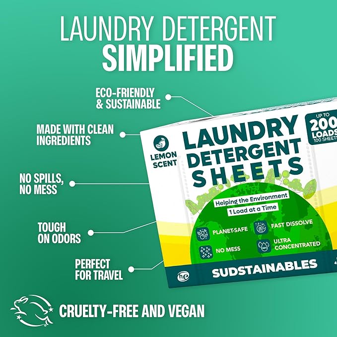 Sudstainables Laundry Detergent Sheets (200 Loads) – Eco-Friendly, Zero Waste, Plastic-Free Laundry Washing Machines Soap Sheets; Dissolvable, Space-Saving Strips for Travel (Lemon)-Ruum Studio Home