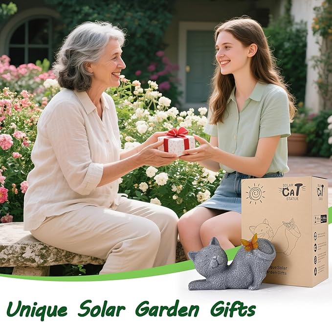 Solar Cat Garden Statue with Glowing Butterfly, Outdoor Resin Cat Figurine with Solar Light, Waterproof Yard Decor for Patio, Lawn, Porch, and Unique Garden Gifts for Cats Lovers-Ruum Studio Home
