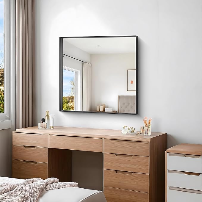 Black Bathroom Mirror, 30x30 Inch Rectangular Framed Mirror, Large Wall Mounted Bathroom Vanity Mirror Over Sink for Bedroom,Restroom, Living Room, Hangs Vertically or Horizontally-Ruum Studio Home
