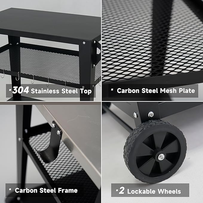 Black Outdoor Grill Cart with Wheels, Heavy-Duty 3-Tier BBQ Prep Table for Pizza Oven, Griddle, Patio – Rustproof Commercial Kitchen Cart with Tool Hooks-Ruum Studio Home