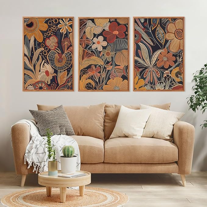 Aurlan Burnt Orange Wildflowers Botanical Wall Art Set(16"x24"), 3 Pieces Abstract Floral Blossom Framed Canvas Artwork, Large Mid Century Modern Boho Nature Wall Decor for Office Bedroom Living Room-Ruum Studio Home