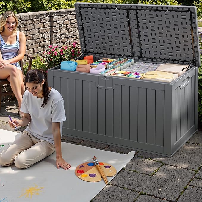 JUMMICO 250 Gallon Outdoor Resin Deck Box with Divider, Waterproof Storage Box with Lockable Lid&Side Handles for Garden Tools, Pools Supplies (Gray)-Ruum Studio Home