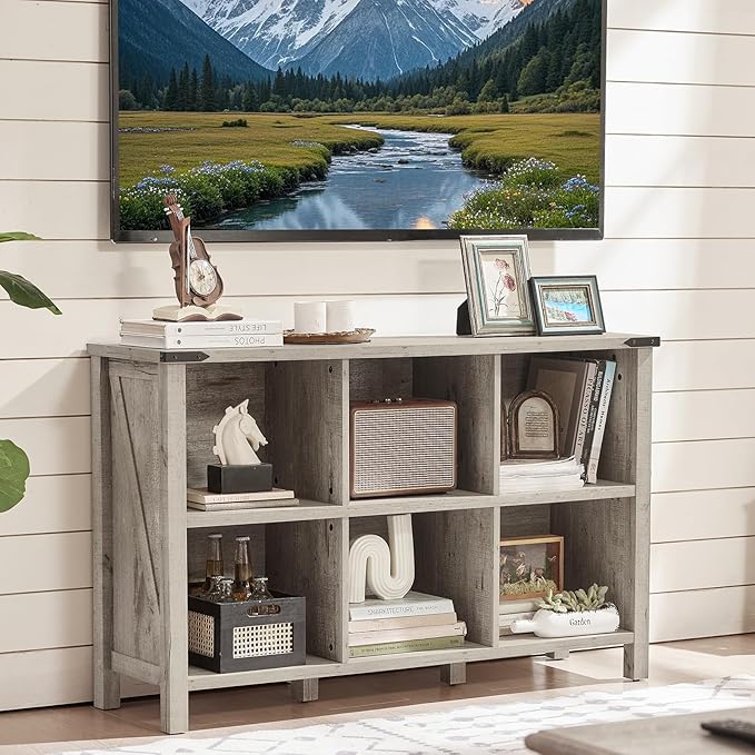 Farmhouse 6 Cube Bookshelf, Rustic Grey Oak Wooden Storage Organizer Book Shelf, 47 Inch Cubby Hallway Bookcase, Kids Toy Storage Cabinet, Modern Open Book Case for Living Room, Hallway-Ruum Studio Home
