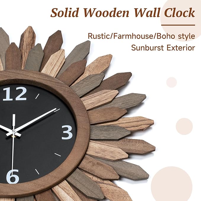 Honiway 16 Inch Wall Clocks, Rustic Wood Boho Sunburst Decorative Wall Clock Battery Operated Silent Non Ticking Farmhouse Large Wall Clocks for Living Room Kitchen Bedroom Home Decor (Tricolor)-Ruum Studio Home