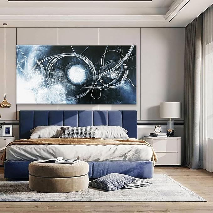 TAIJXAGSG Abstract Wall Art Modern Wall Decorations Maximalist Dark Blue Canvas Wall Art Decor Prints White Line Artwork For Living Room Bedroom Kitchen Office Artwork Ready To Hang 24"×48"-Ruum Studio Home