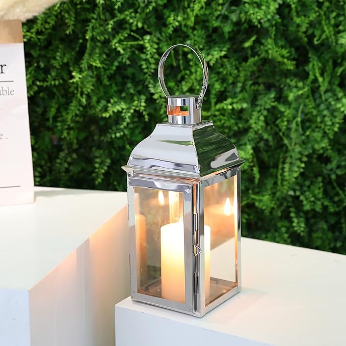 JHY DESIGN Silver Decorative Lanterns 12.5''High Stainless Steel Candle Lanterns with Tempered Glass for Indoor Outdoor Events Parities and Weddings Vintage Style Hanging Lamps-Ruum Studio Home