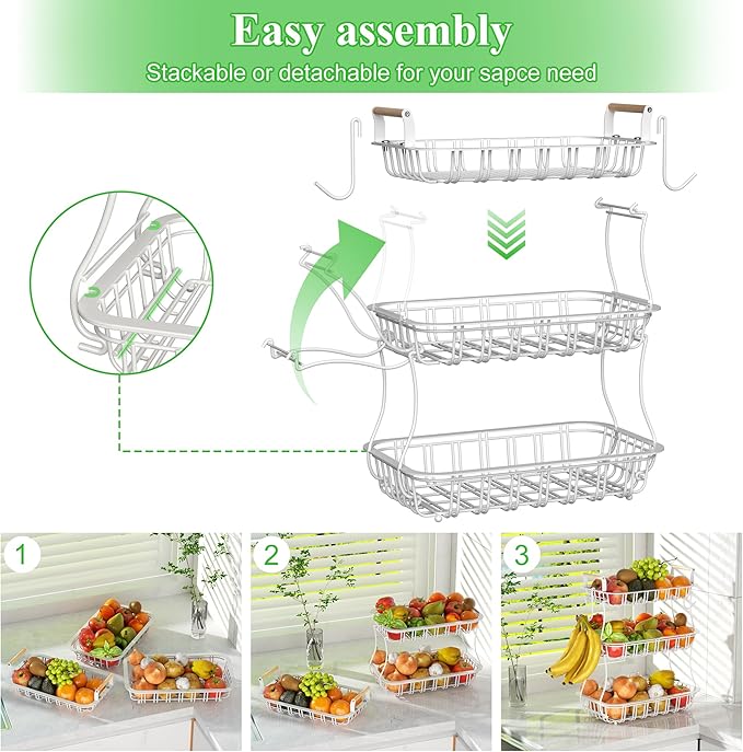 3 Tier Fruit Basket with 2 Banana Hooks, Large Capacity Multifunctional Detachable Sturdy Fruit Bowl with Wooden Handle Mesh Top for Kitchen Counter, for Bread Snacks Vegetables Produce, White-Ruum Studio Home