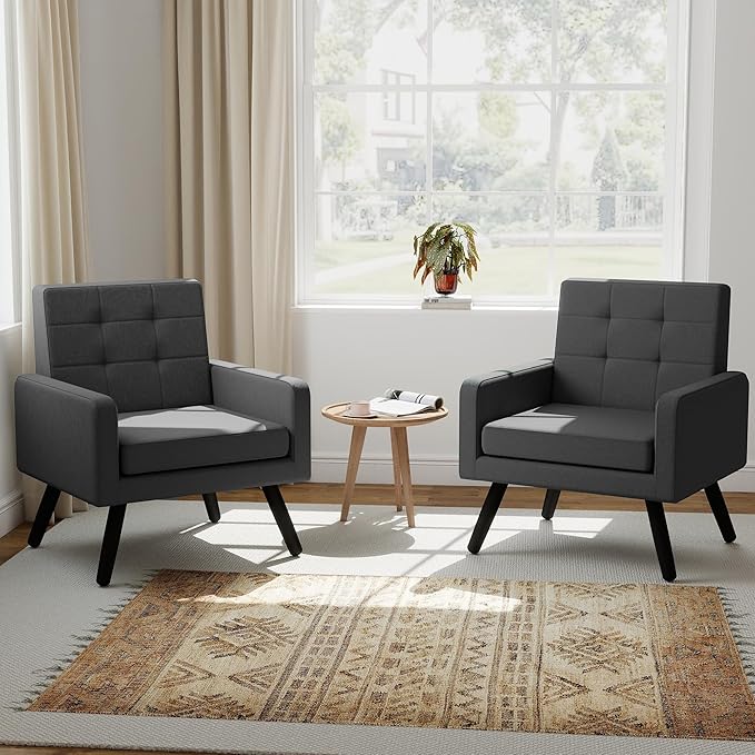 Kromax Mid-Century Modern Accent Chair Set of 2 for Living Room, 496 Lb. Weight Capacity, Dual Armrests, Comfy Extra Large Seat, Timeless Style Perfect for Reading & Relaxing, Dark Grey-Ruum Studio Home