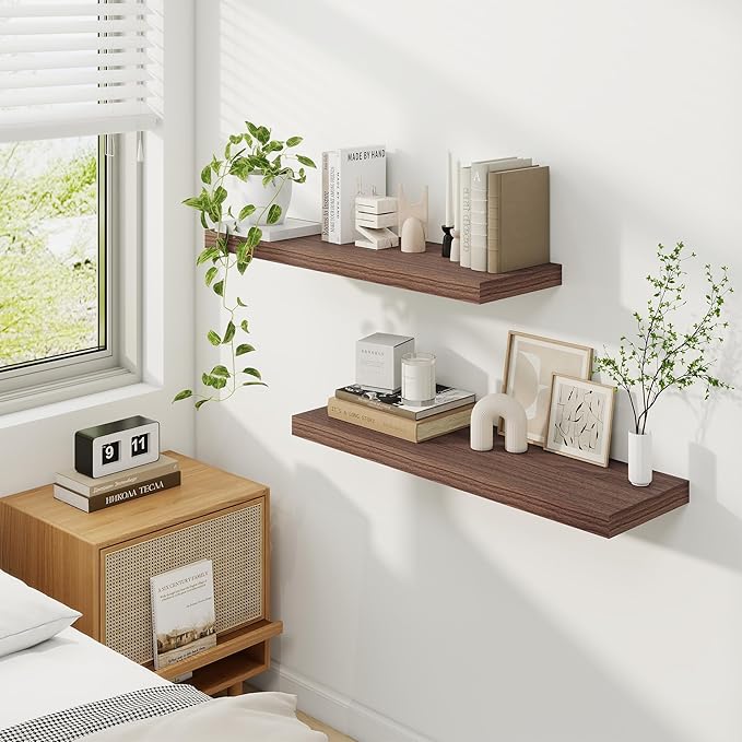 Fun Memories Floating Shelves for Wall, 32 Inch Rustic Wood Wall Mounted Shelves for Bathroom, Bedroom, Kitchen, Living Room, Deep Floating Shelves for Storage & Home Decor (Walnut, Set of 2)-Ruum Studio Home