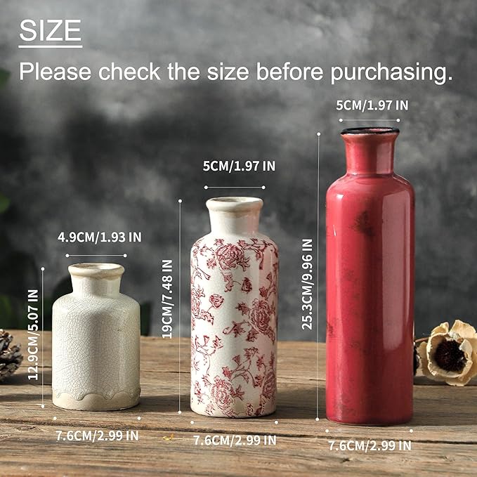 Vintage Vase Set of 3, Ceramic Vintage Flower Vases, Chinoiserie Decorative Home Decor Retro Floral Vase Rustic Farmhouse Decor for Table Bookshelf Mantel Kitchen Living Room Office - Red and White-Ruum Studio Home